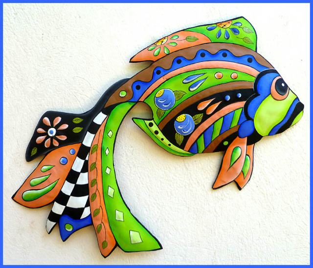 painted metal tropical fish wall art